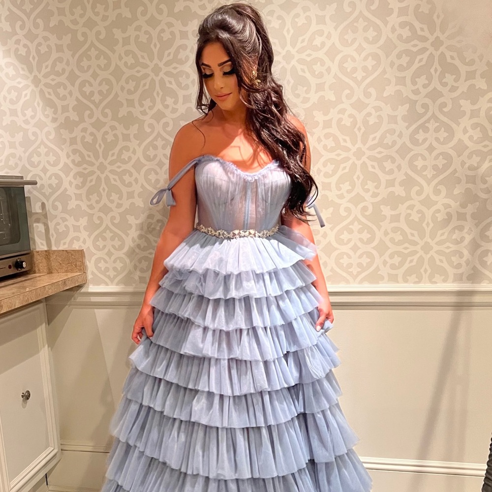 Romantic Frill-Layered Tulle Dress blue gown